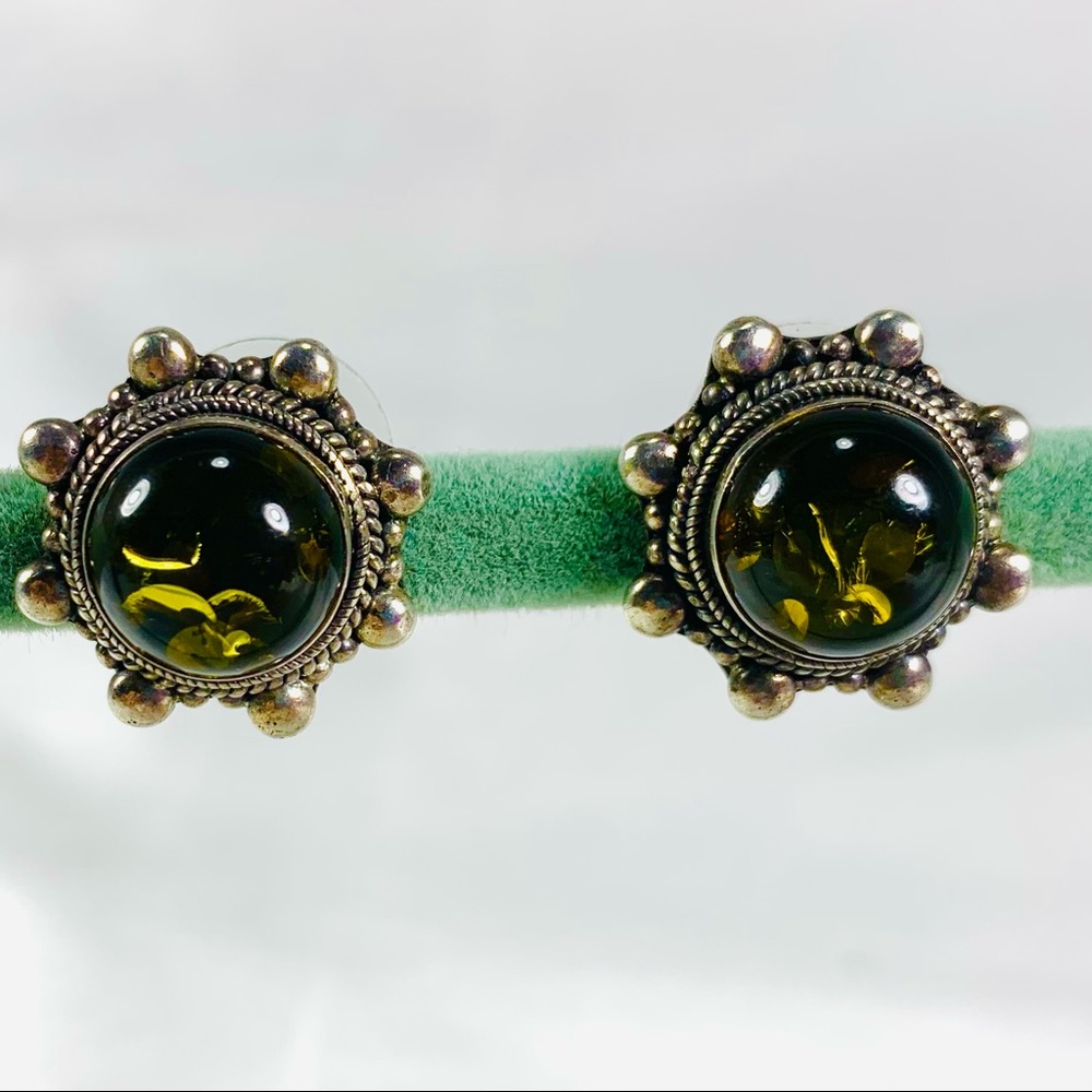 Green Amber cabochon button post earrings